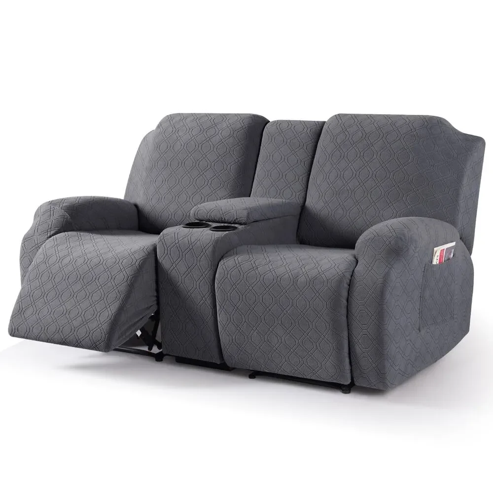 Recliner Loveseat Cover + Middle Console Stretch 2 Seat Slipcover (Dark Gray)